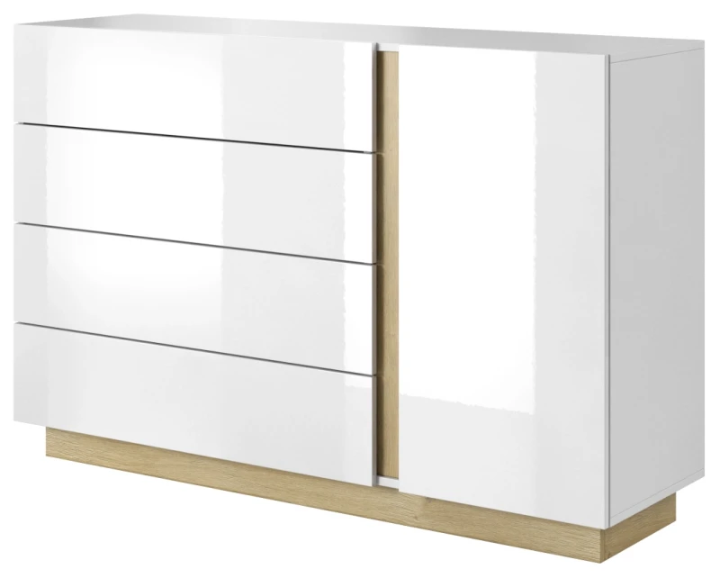 Komoda jednodrzwiowa Arco z szufladami 138 cm biały połysk + dąb grandson