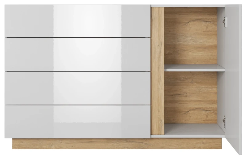 Komoda jednodrzwiowa Arco z szufladami 138 cm biały połysk + dąb grandson