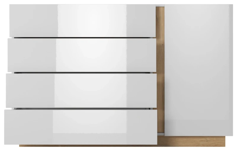 Komoda jednodrzwiowa Arco z szufladami 138 cm biały połysk + dąb grandson