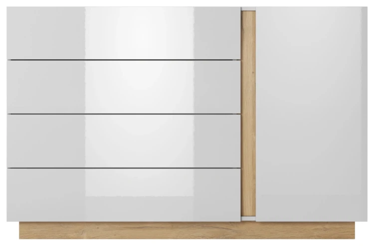 Komoda jednodrzwiowa Arco z szufladami 138 cm biały połysk + dąb grandson
