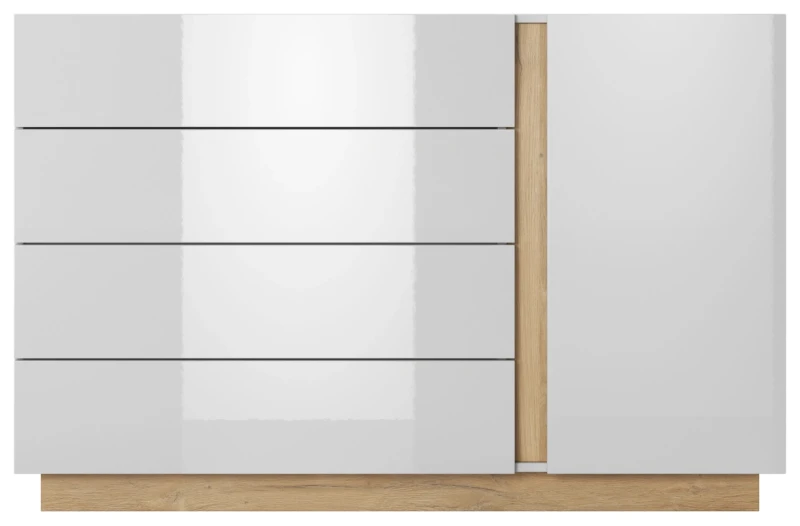 Komoda jednodrzwiowa Arco z szufladami 138 cm biały połysk + dąb grandson