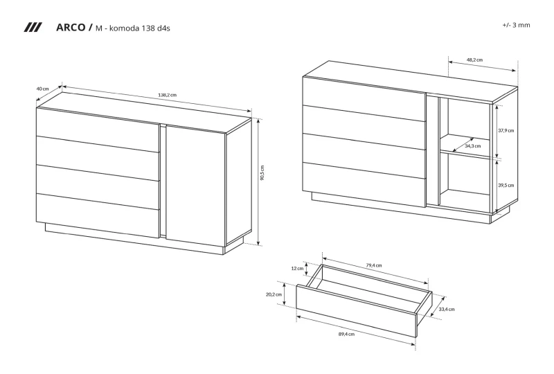 Komoda jednodrzwiowa Arco z szufladami 138 cm biały połysk + dąb grandson