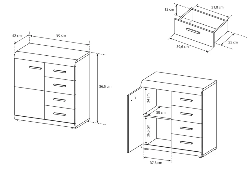 Komoda Link z szufladami wąska 80 cm dąb sonoma