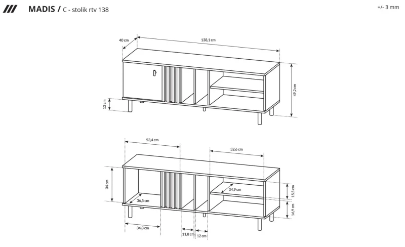 Stolik RTV Madis wąski 138 cm dąb artisan + antracyt
