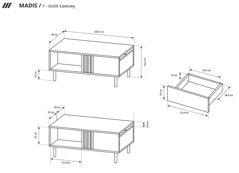 Stolik kawowy Madis z szufladą 100 cm dąb artisan + antracyt