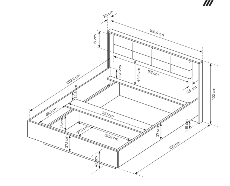 Łóżko z pojemnikiem Milton 160x200 cm kasztan + antracyt