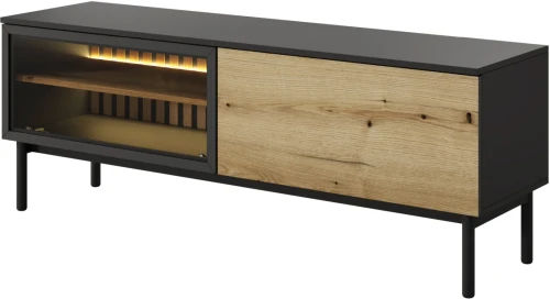 Szafka RTV Lang z witryną LED 150 cm czarny + dąb evoke