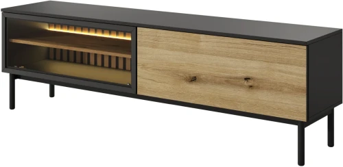 Szafka RTV Lang z witryną LED 180 cm czarny + dąb evoke
