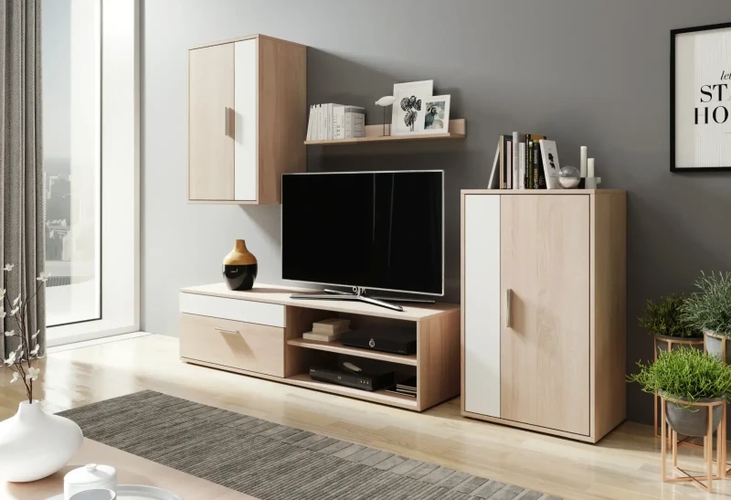 Meblościanka do salonu Berno 204 cm zestaw 4 elementy dąb sonoma jasna/biały mat