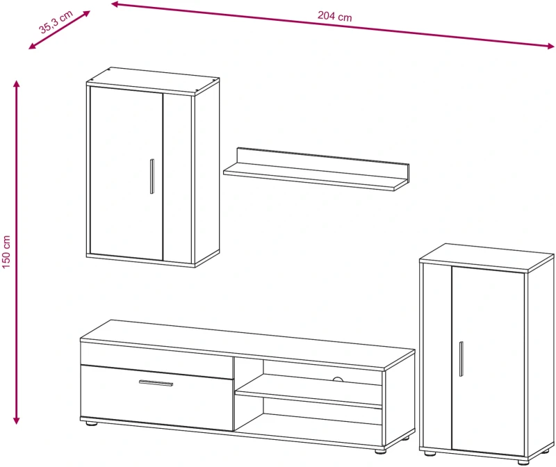 Meblościanka do salonu Berno 204 cm zestaw 4 elementy dąb sonoma jasna/biały mat