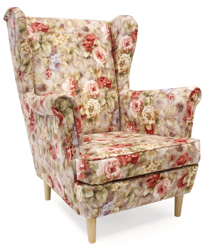 Fotel uszak Lily Kwiaty z podnóżkiem w stylu skandynawskim