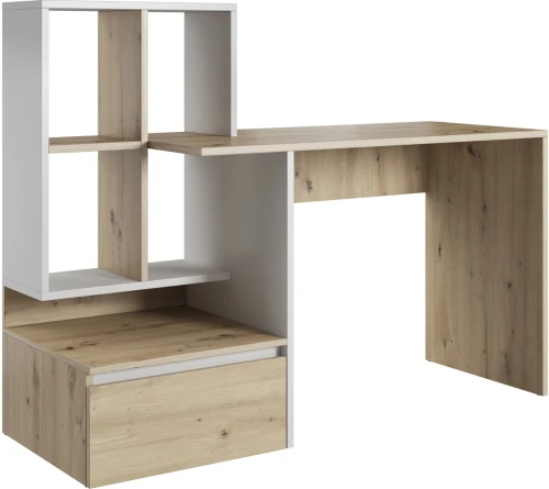 Biurko Paco 2 z regałem i szufladą 145 cm dąb artisan/biały mat