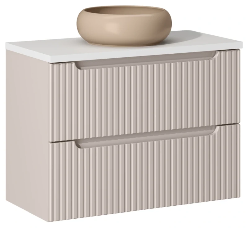 Szafka łazienkowa pod umywalkę 80 cm 2 szuflady NOVA CASHMERE - aranżacja z blatem i umywalką nablatową