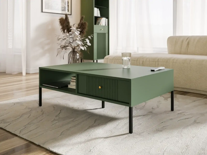 Stolik kawowy Iseo 104 cm z 2 frezowanymi szufladami zielony/czarne nogi
