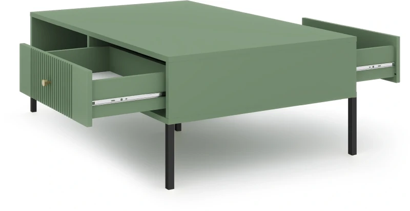 Stolik kawowy Iseo 104 cm z 2 frezowanymi szufladami zielony/czarne nogi