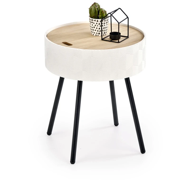 Ława okrągła Aura 38cm z funkcją pojemnika do salonu biały/czarny