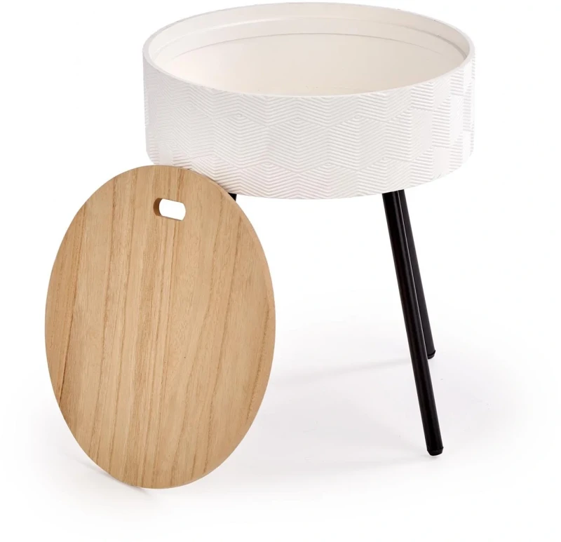 Ława okrągła Aura 38cm z funkcją pojemnika do salonu biały/czarny