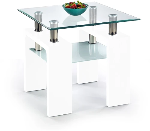 Ława dwupoziomowa Diana H kwadrat do salonu blat szkło/biały