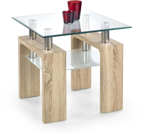 Ława dwupoziomowa Diana H kwadrat do salonu blat szkło/dąb sonoma