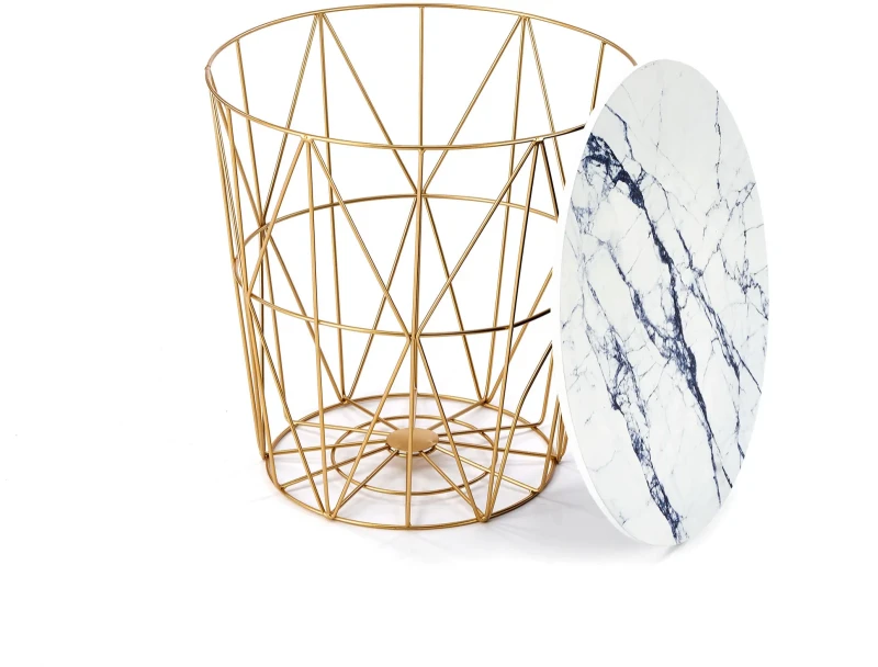 Ława okrągła Harrisa_G 42cm z funkcją pojemnika biały marmur/złoty