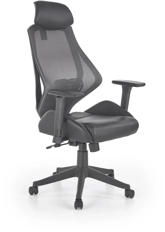 Fotel obrotowy Hasel z eco skóry i siatki z zagłówkiem do biura czarny / popiel