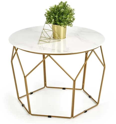 Ława okrągła Madison 60cm do salonu blat biały marmur/złoty