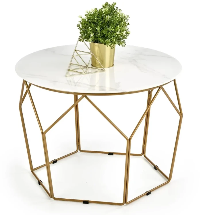 Ława okrągła Madison 60cm do salonu blat biały marmur/złoty