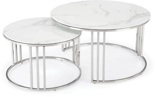 Zestaw 2 stolików Mercury blat szkło biały marmur/srebny