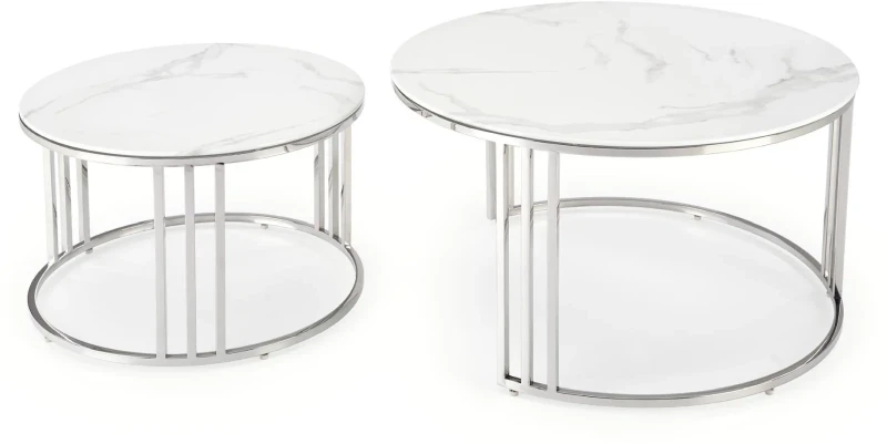 Zestaw 2 stolików Mercury blat szkło biały marmur/srebny