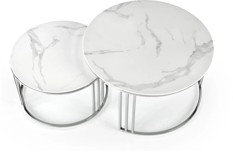 Zestaw 2 stolików Mercury blat szkło biały marmur/srebny