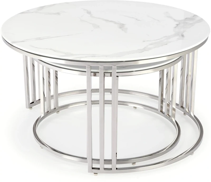 Zestaw 2 stolików Mercury blat szkło biały marmur/srebny