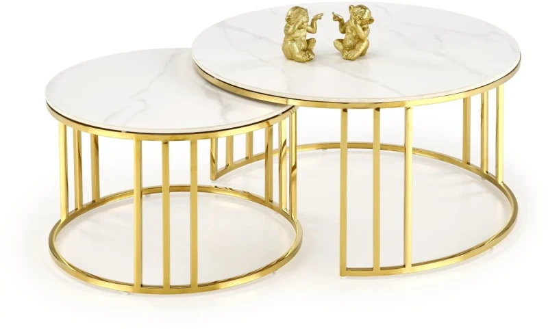 Zestaw 2 stolików Mercury blat szkło biały marmur/złoty