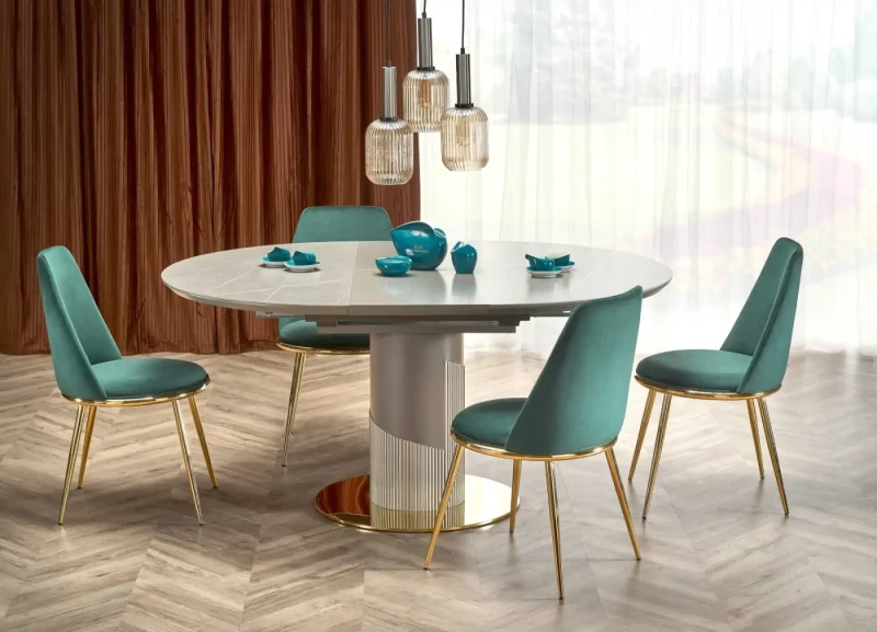 Stół rozkładany Muscat 120-160cm do jadalni popielaty marmur/jasny popiel/złoty