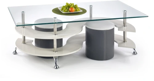 Ława stolik kawowy Nina 5 ze szklanym blatem i pufami popiel/ciemny popiel