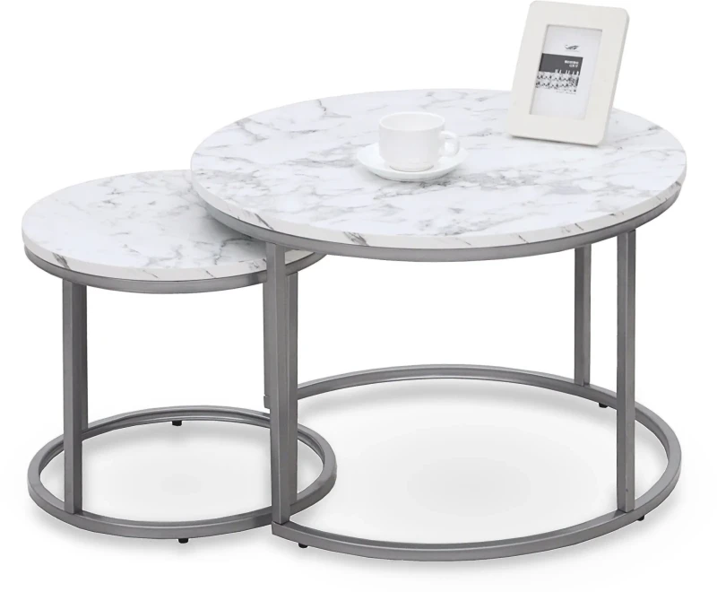 Zestaw 2 stolików Paola do salonu blat biały marmur/srebny