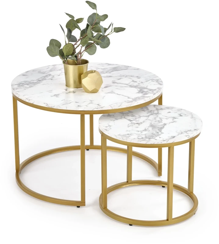 Zestaw 2 stolików Paola do salonu blat biały marmur/złoty
