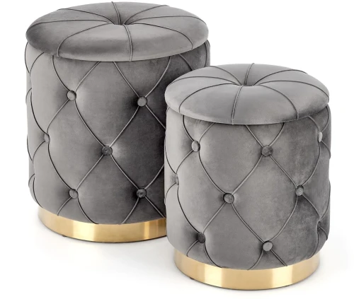 Zestaw dwóch puf Polly z funkcją schowka  popiel na złotej podstawie