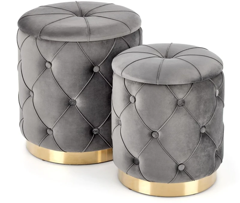 Zestaw 2 puf Polly z funkcją schowka popiel na złotej podstawie