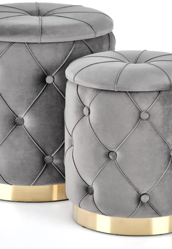 Zestaw 2 puf Polly z funkcją schowka popiel na złotej podstawie