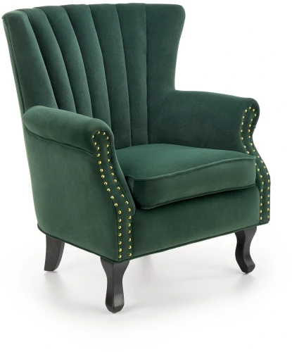 Fotel tapicerowany Titan welurowy na drewnianych nogach do salonu ciemny zielony