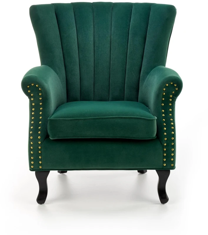 Fotel tapicerowany Titan welurowy na drewnianych nogach do salonu ciemny zielony