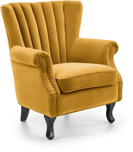 Fotel tapicerowany Titan welurowy na drewnianych nogach do salonu musztardowy