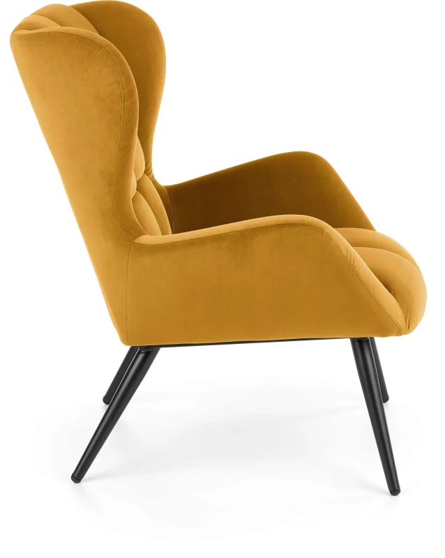 Fotel wypoczynkowy Tyrion 75 cm nowoczesny tapicerowany tkaniną aksamitną do salonu musztardowy