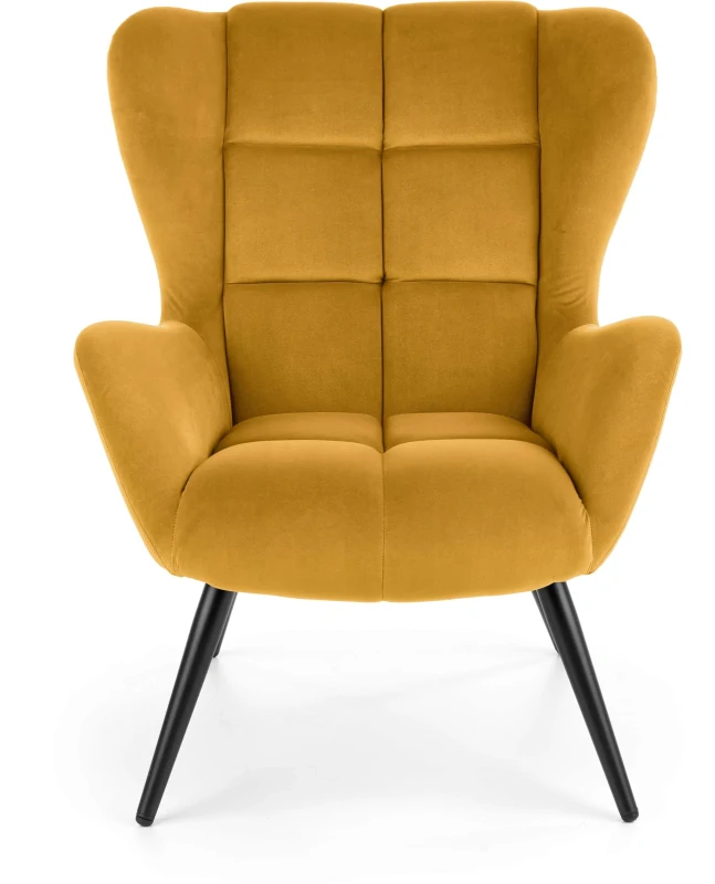Fotel wypoczynkowy Tyrion 75 cm nowoczesny tapicerowany tkaniną aksamitną do salonu musztardowy
