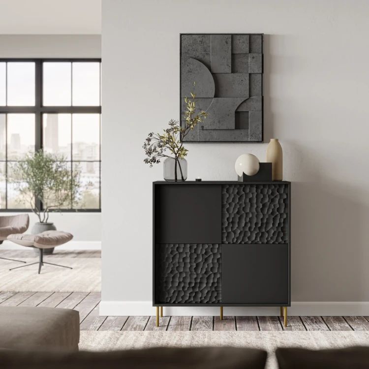 Komoda wysoka Bullet 100 cm w stylu glamour do salonu czarny/złoty