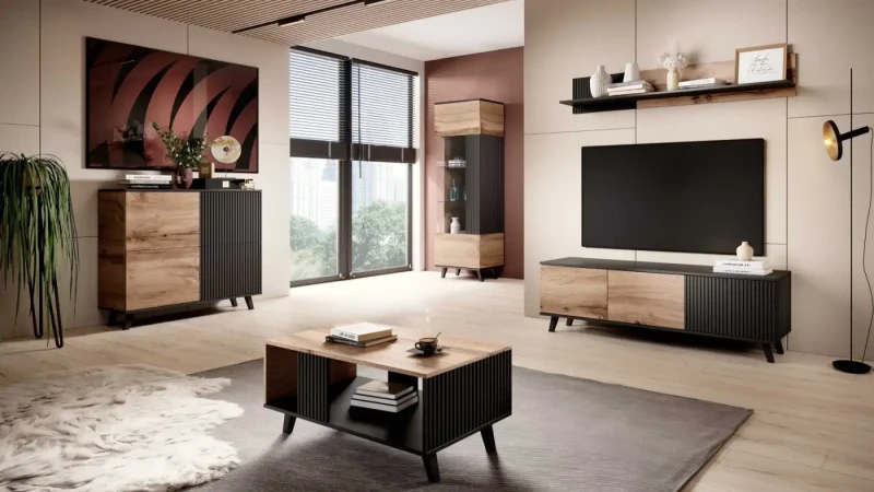 Komoda Random 100 cm 4-drzwiowa do salonu dąb wotan/czarny