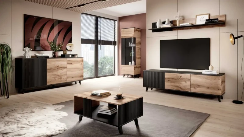 Stolik kawowy Random 92 cm z półką do salonu dąb wotan/czarny