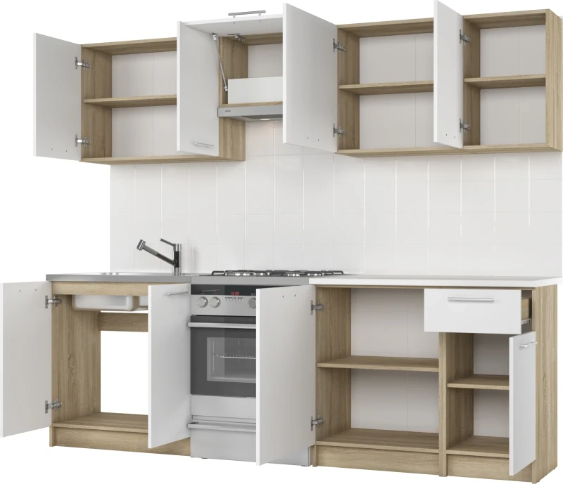 Zestaw mebli kuchennych Daria 240 cm z blatem 28 mm dąb sonoma/biały
