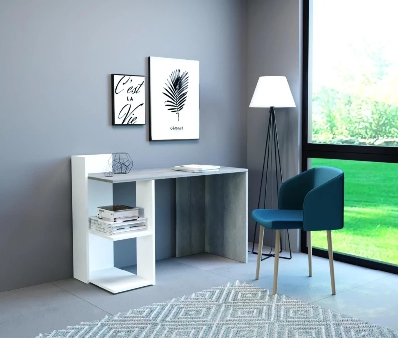 Biurko Paco 1 z dwiema półkami 120 cm beton/biały mat