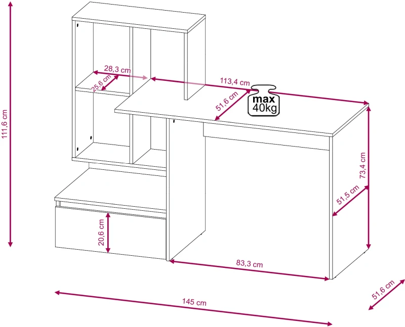 Biurko Paco 2 z regałem i szufladą 145 cm beton/biały mat